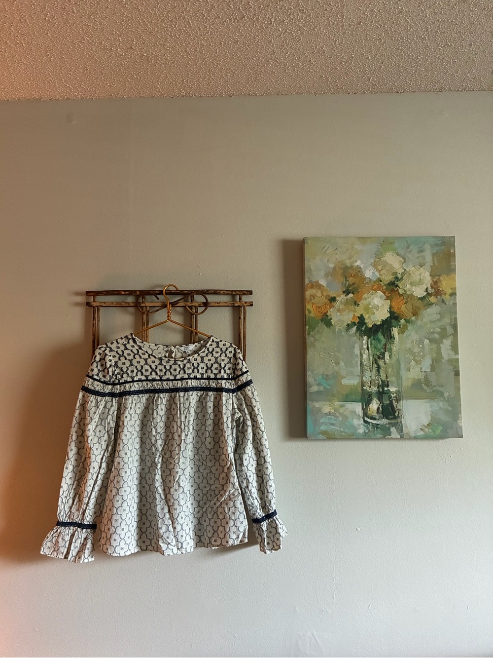 crown & ivy Cream Top with Navy Embroidery